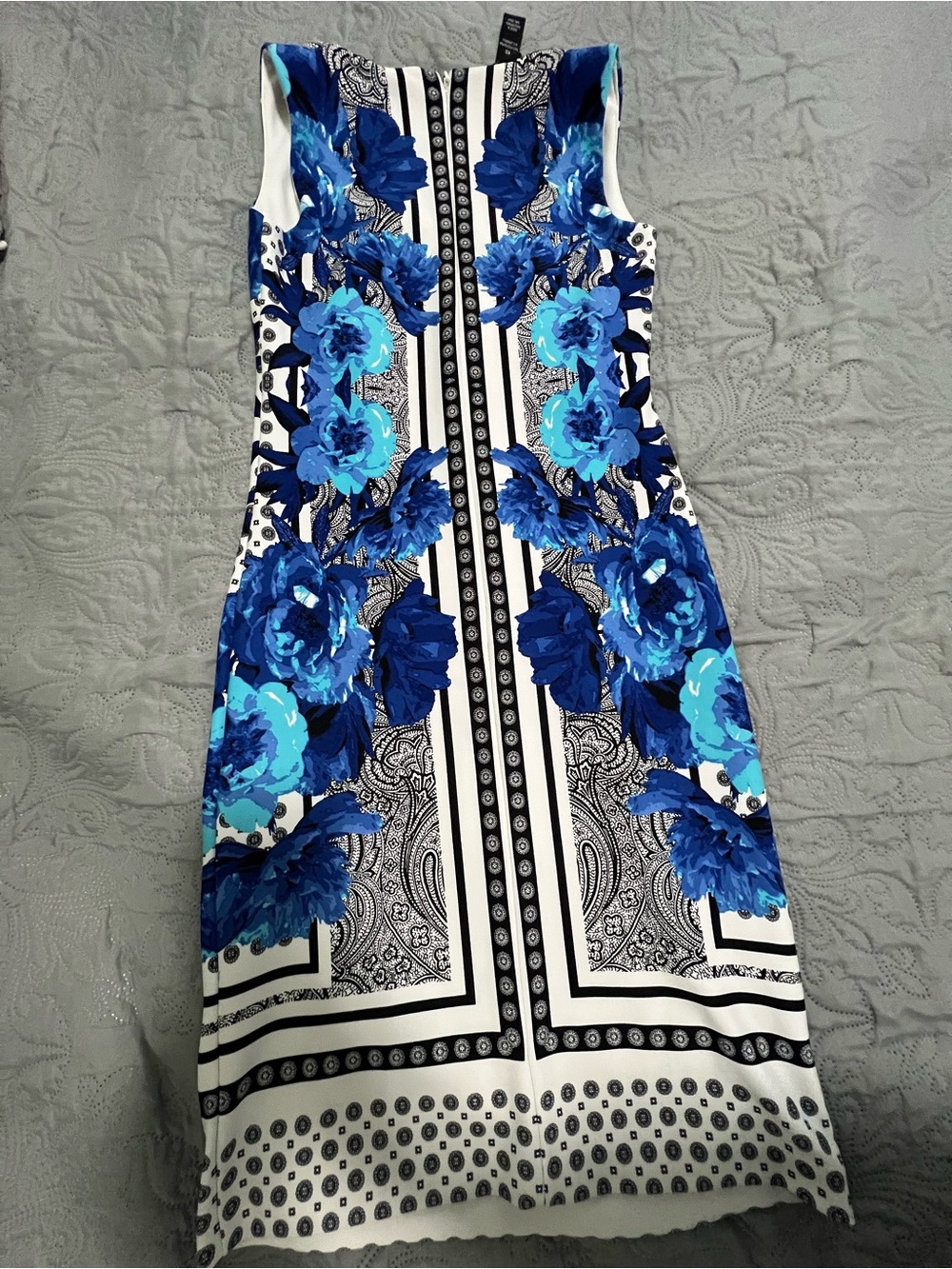 INC Floral Paisley Border Print Sheath Dress Blue White Black Scuba Stretch XSโ - Picture 4 of 6